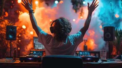 DJ working at a desk in an arena and hands up