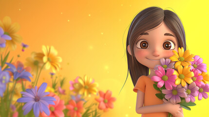 Obraz na płótnie Canvas 3d cute girl with bouquet of flowers background space to copy