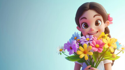 3d cute girl with bouquet of flowers background space to copy