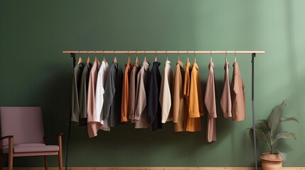 Modern clothes rack against a green wall