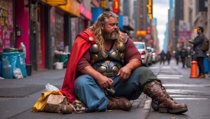 A fat old Thor sits on the street - obrazy, fototapety, plakaty