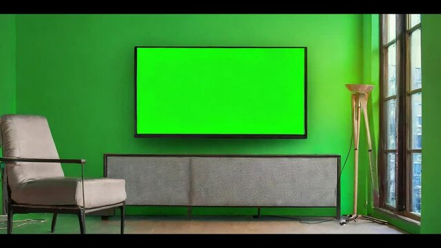 Indulge in the epitome of elegance within a lavish living room, where a magnificent TV with a captivating green screen awaits, offering boundless opportunities for artistic expression.