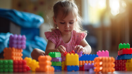 Sweet little blonde girl in a pink dress playing with her colorful plastic bricks
