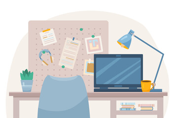 Flat Office room concept with computer on desk and chair. Interior items of modern midcentury design with magnetic board and books. Vector working place cartoon illustration with accessories and lamp