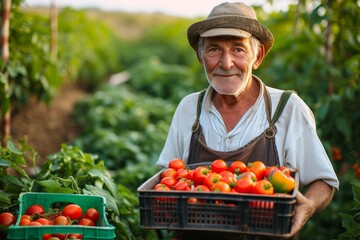 A sun-kissed greengrocer stands proudly among his bountiful harvest of locally grown, organic...