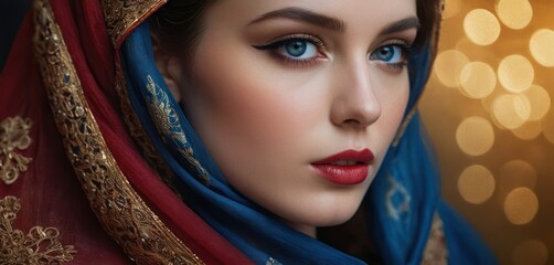 a close up of a woman wearing a headscarf and wearing a red and blue scarf with a gold pattern on it.