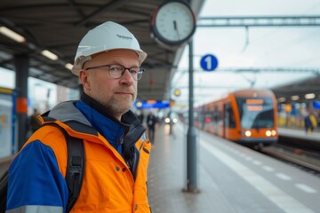 A dedicated railway worker stands confidently on the platform, adorned in a hard hat and bright orange jacket, as he gazes at the train clock with determination in his glasses-clad face at the bustli - obrazy, fototapety, plakaty