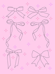 Various cartoon bow knots, gift ribbons. Trendy hair braiding accessory. Hand drawn vector illustration. Valentine's day background