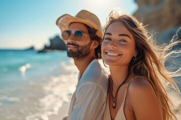 A blissful couple enjoys a sunny beach getaway, with the woman's stylish sun hat and sunglasses complementing the beautiful ocean backdrop as they bask in love and happiness