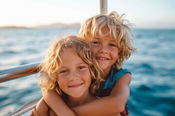 Fototapeta na wymiar Under the warm summer sky, a joyful toddler and a smiling girl embrace on a sailing boat, their faces filled with pure happiness as they embark on a seaside vacation together