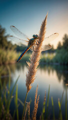 Libelle auf Grashalm bei Sonnenuntergang am ruhigen See