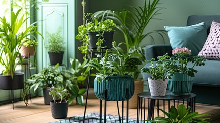 Fototapeta na wymiar Stylish Green Living - Indoor planters featuring metal stands with a variety of small plants, enhancing the room with botanical charm