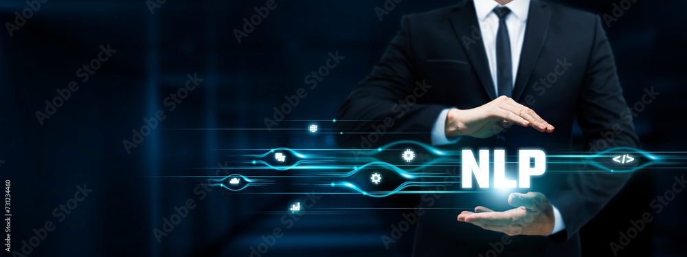 Poster nlp, businessman holding natural language processing (nlp) icon, semantic analysis, sentiment recogn
