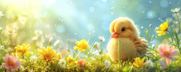spring illustration with little yellow chick on the meadow background