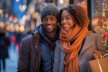 A stylish couple embraces the chilly city streets, radiating warmth and joy as they showcase their fashionable winter attire and accessories