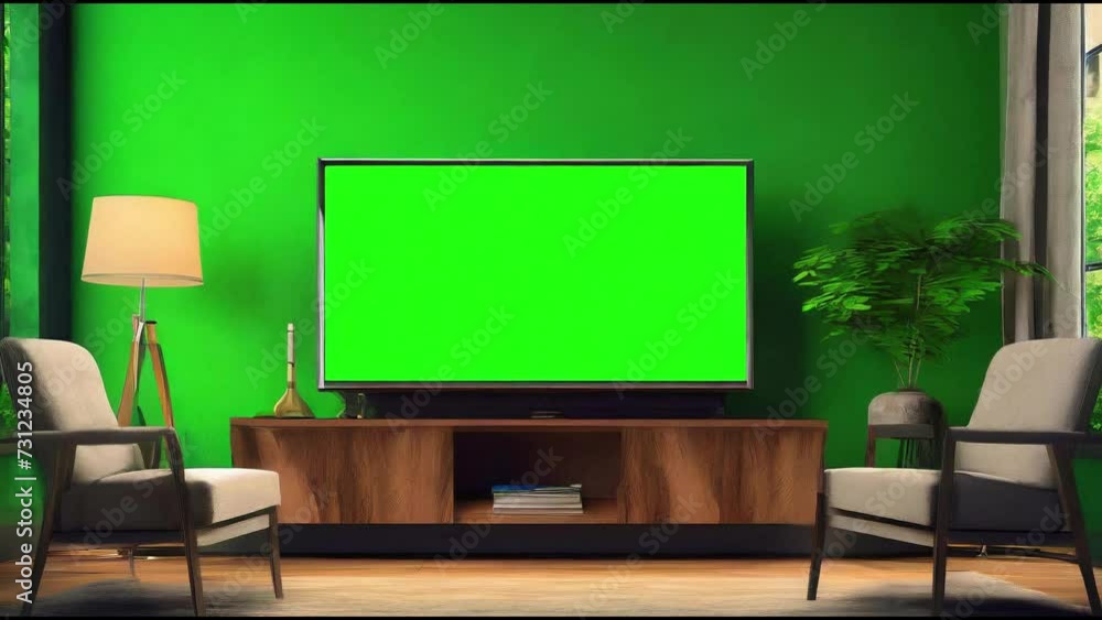 Canvas Prints Behold the grandeur of a luxurious living room, adorned with a splendid TV boasting a vibrant green screen, inviting you to unleash your creativity and embark on a visual journey like no other.