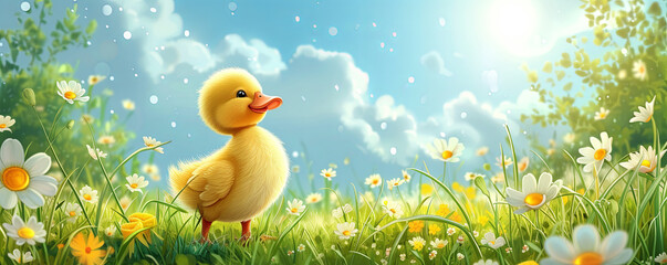 Cartoon little yellow duck on the flower meadow, blue sky with big clouds 