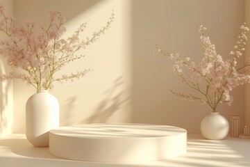 Product display podium with cream backdrop and flowers in vases, ideal for product display. 3d, render