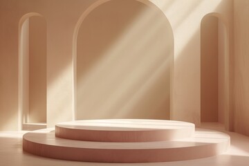 Product display podium in soft light with architectural arches backdrop.  3d, render