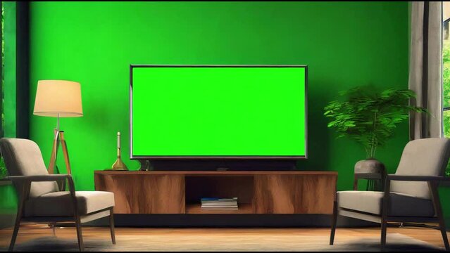Behold the grandeur of a luxurious living room, adorned with a splendid TV boasting a vibrant green screen, inviting you to unleash your creativity and embark on a visual journey like no other.