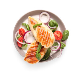 Plate of tasty grilled chicken breast with basil, tomatoes and red onion on white background