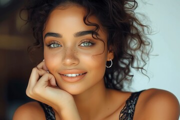 A radiant woman with a stunning smile and alluring green eyes, her curly hair cascading over her shoulder as she strikes a pose in front of a vibrant wall, adorned with flawless makeup and a fashion  - obrazy, fototapety, plakaty