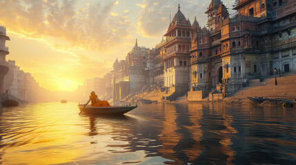 Ancient Varanasi city architecture at sunset with view of sadhu baba enjoying a boat ride on river Ganges. India.
