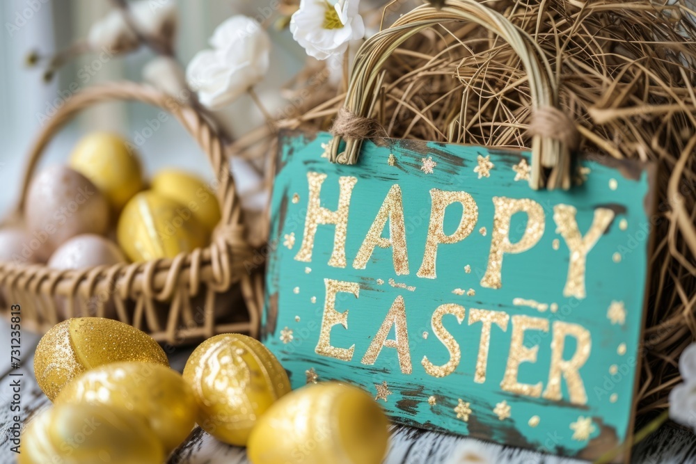 Poster a green sign with happy easter written on it with gold eggs and baskets of colorful generative ai