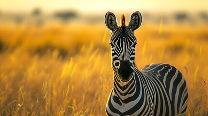 Obraz premium Majestic zebra standing in golden grassland at sunset. wildlife in natural habitat. perfect for backgrounds. AI