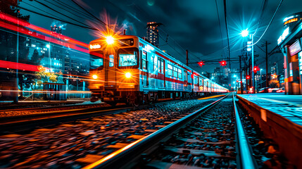 A commuter train photographed at low speed at night