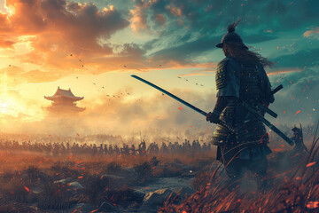 illustration painting A samurai with a katana stands ready to fight against a huge army. 3D illustration, digital art style. - obrazy, fototapety, plakaty