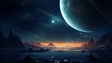Fantasy land with uninhabited surroundings of sharp rocks and dark lake. In the night sky planet earth is seen with stars and dark sky. Fantasy picture, astro photo. - obrazy, fototapety, plakaty