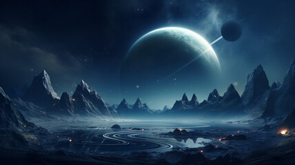 Fantasy land with uninhabited surroundings of sharp rocks and dark lake. In the night sky planet earth is seen with stars and dark sky. Fantasy picture, astro photo.