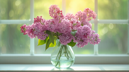 lilac in the transparent vase on the windowsill, green background, spring time 