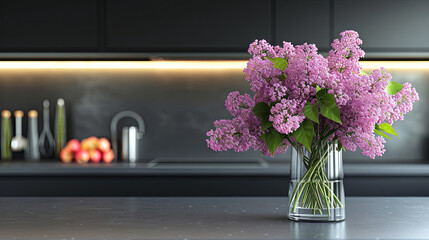 In the modern black kitchen, there is a bouquet of lilacs, symbolizing the arrival of spring