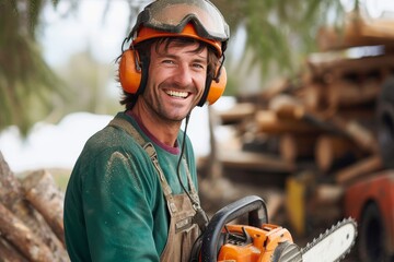 A rugged man clad in orange, helmet and goggles in place, wields a powerful chainsaw with precision and determination in an outdoor setting
