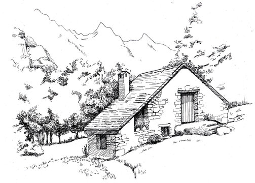 House portrait illustration.  An image of the architecture of a private estate.