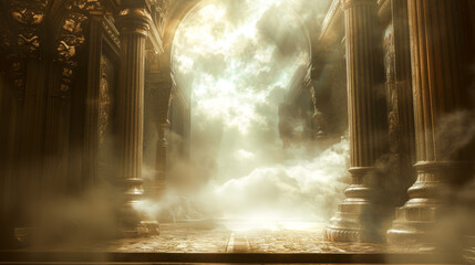 Celestial temple with tall golden columns environment with clouds and fog effect Generative AI Illustration