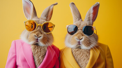 Fototapeta premium Cute two rabbits in modern suit and sunglasses, easter bunny on yellow background