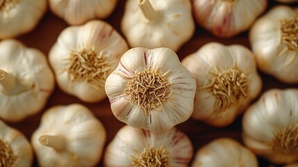Garlic on wooden table. top view.
