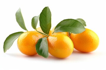 Fortunella margarita Kumquats cumquats foliage and oval fruits on white background. Many ripe...