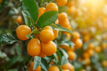 Fortunella margarita Kumquats foliage and oval fruits in sunny garden