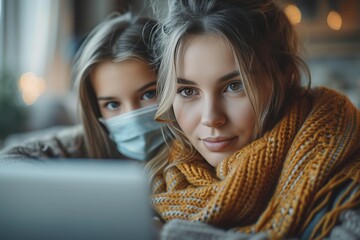 Two women embrace their new normal as they don face masks indoors, their expressions a mix of determination and hope as they use a computer to connect with loved ones, their scarves adding a touch of