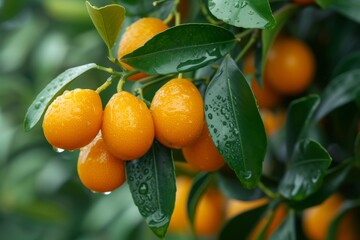 Fortunella margarita Kumquat oval fruits on kumquat tree. 