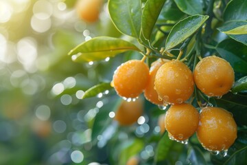Many ripe kumquat fruits in rainy garden