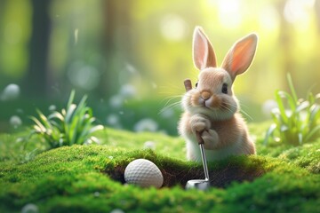 Cute Easter bunny playing golf