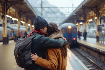 A couple shares a passionate kiss amidst the bustling train station, their jackets blending in with the surrounding buildings and railway tracks as they wait for their departing train - Powered by Adobe