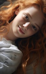 A natural smiling young lying girl with red hair and sunlight