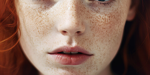 Fototapeta premium Young woman face with summer freckles closeup. Portrait of authentic red-haired woman with sunspots with focus on lips. Individuality concept