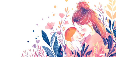 Obraz na płótnie Canvas Mother's day concept. Happy mother and baby, watercolour illustration, bright floral background. Copy-space